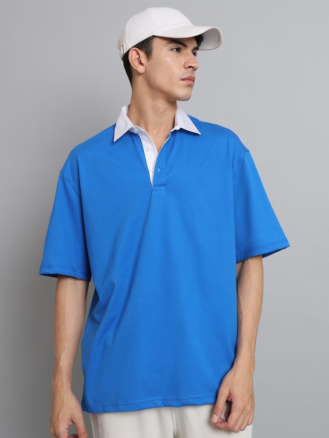 

WEARDUDS Polo Collar Drop-Shoulder Sleeves Oversized Pure Cotton T-shirt, Blue