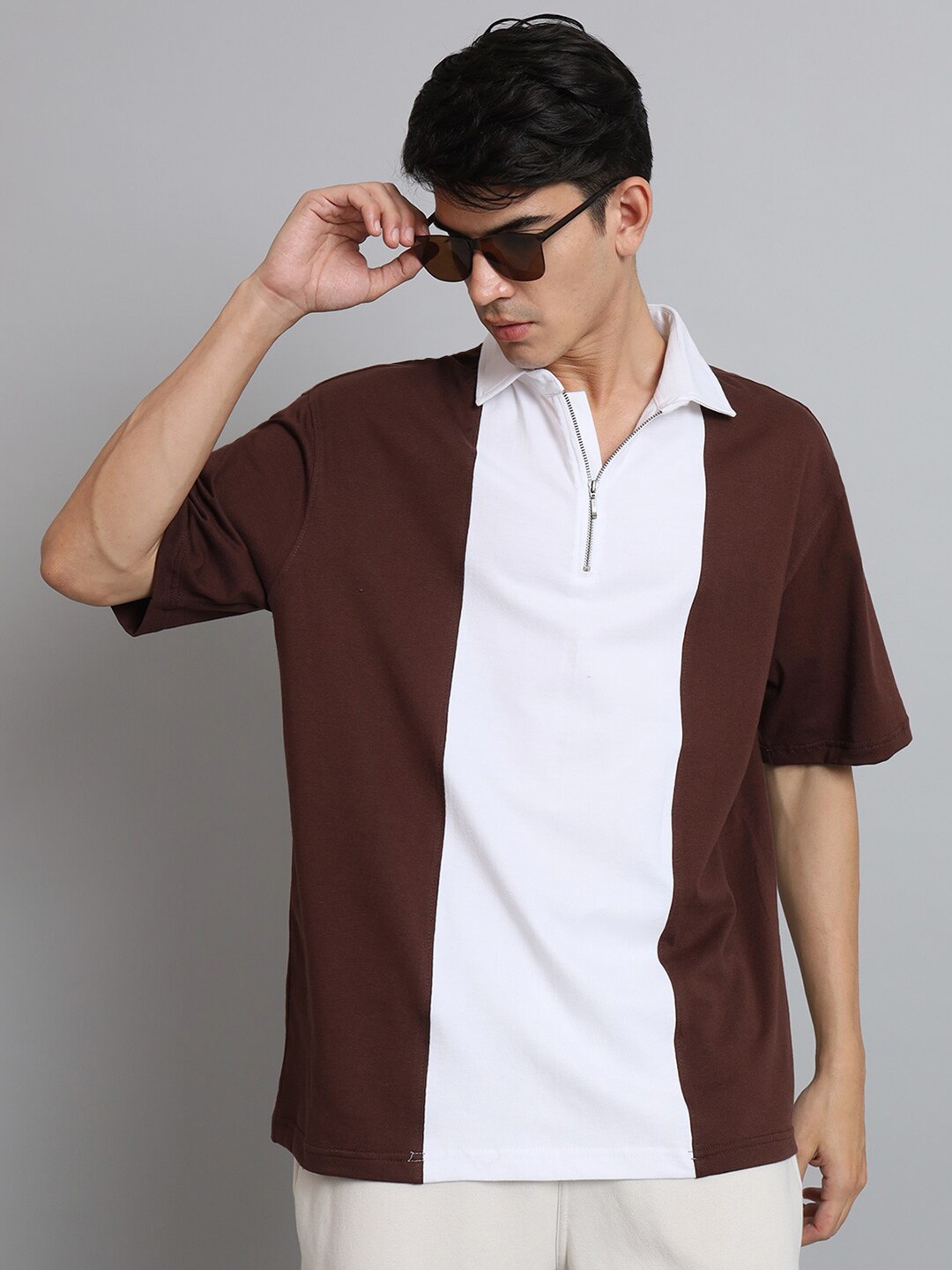 

WEARDUDS Colourblocked Polo Collar Drop-Shoulder Sleeves Oversized Pure Cotton T-shirt, Brown