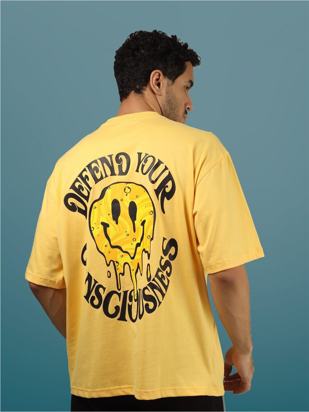 

WEARDUDS Typography Printed Drop-Shoulder Sleeves Oversized Cotton T-shirt, Yellow