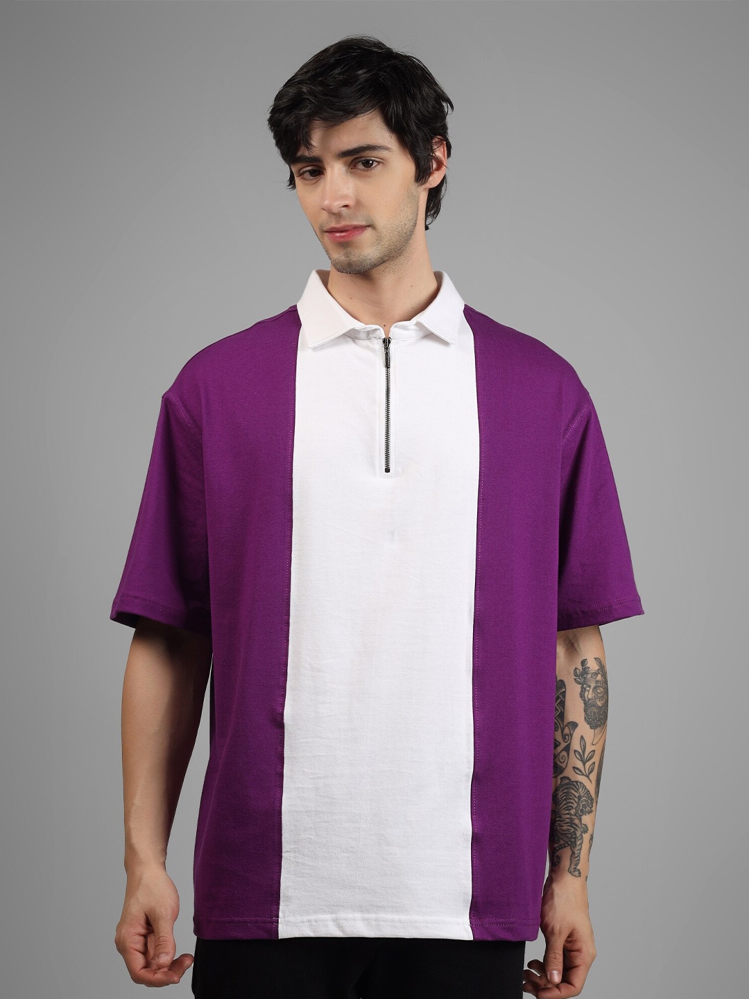 

WEARDUDS Colourblocked Polo Collar Drop-Shoulder Sleeves Cotton Oversized T-shirt, Purple