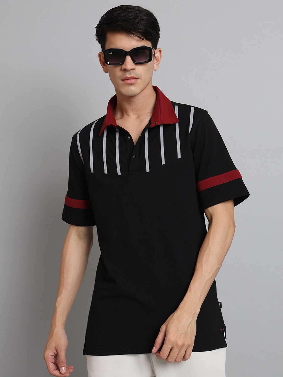 

WEARDUDS Striped Polo Collar T-shirt, Black