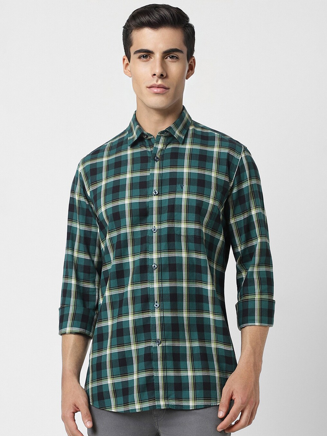 

Van Heusen Sport Slim Fit Tartan Checked Pure Cotton Casual Shirt, Green