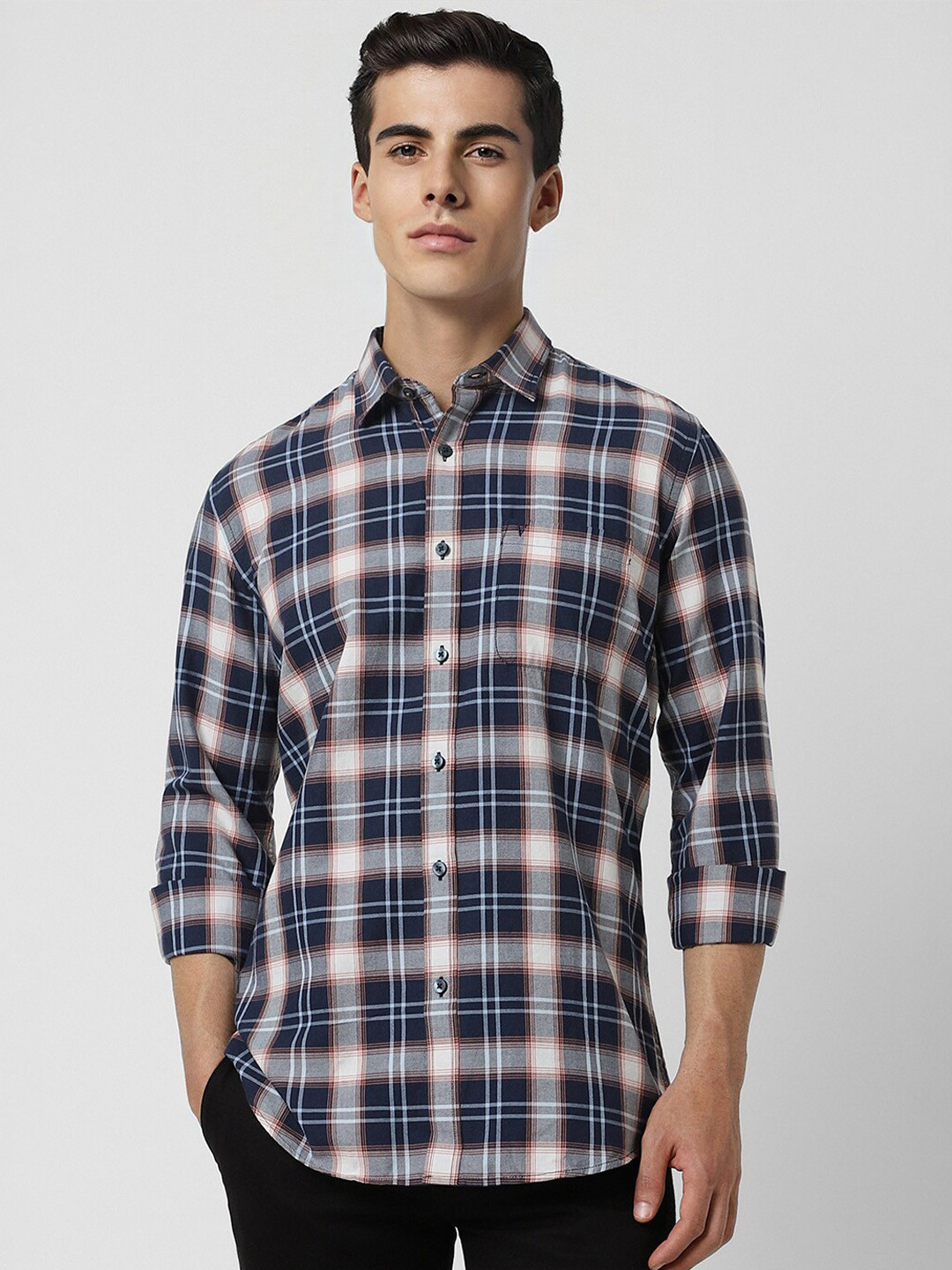 

Van Heusen Sport Slim Fit Tartan Checked Pure Cotton Casual Shirt, Navy blue