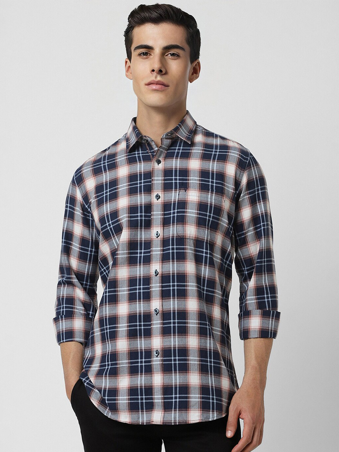 

Van Heusen Sport Tartan Checks Spread Collar Long Sleeve Slim Fit Cotton Casual Shirt, Navy blue