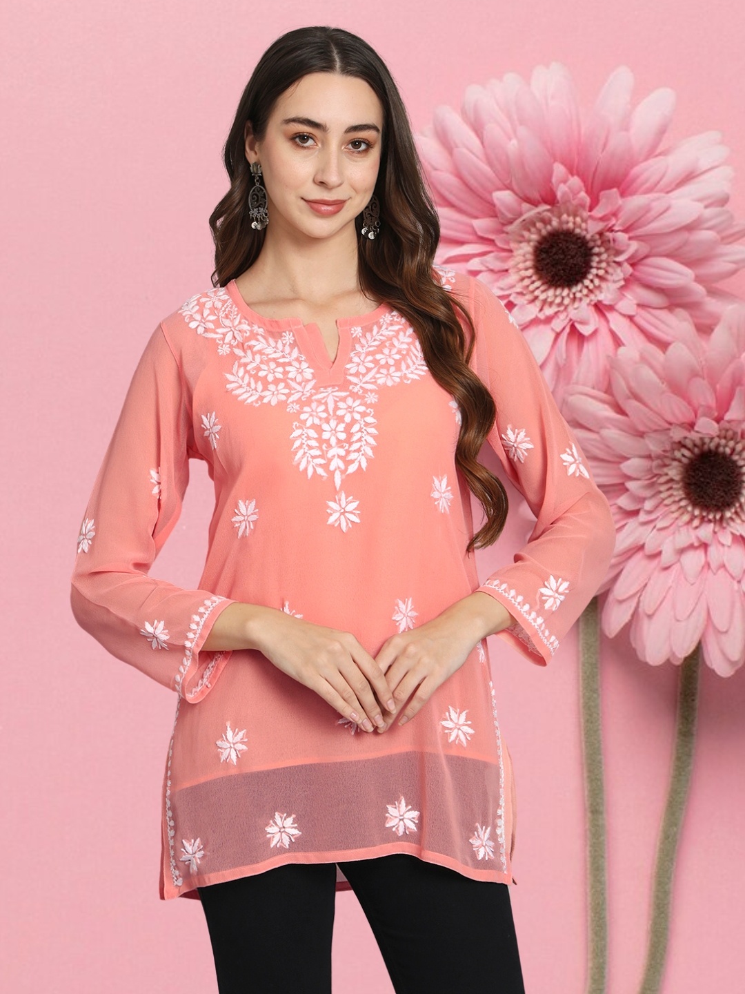 

PARAMOUNT CHIKAN Women Embroidered Lucknowi Chikankari Georgette Kurti, Peach
