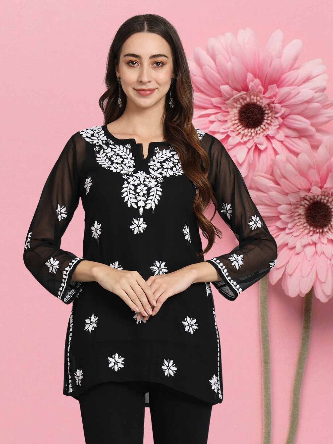 

PARAMOUNT CHIKAN Women Embroidered Lucknowi Chikankari Georgette Kurti, Black