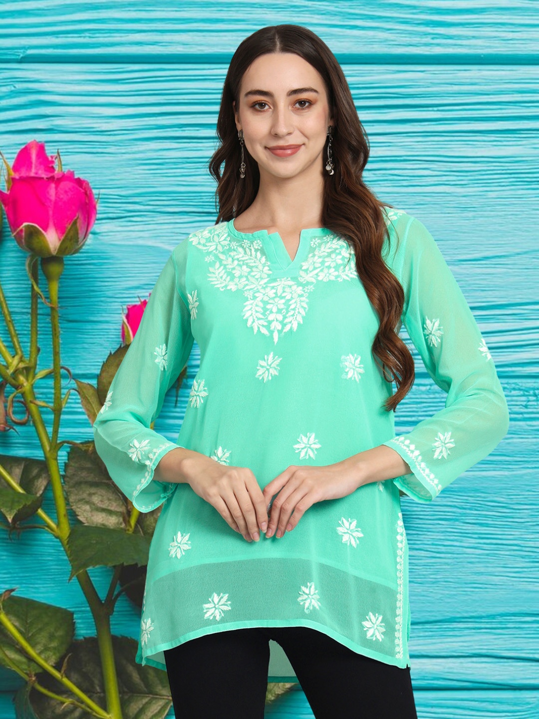 

PARAMOUNT CHIKAN Women Embroidered Lucknowi Chikankari Georgette Kurti, Sea green