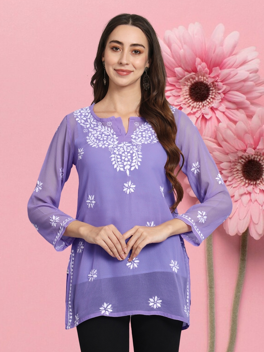

PARAMOUNT CHIKAN Women Embroidered Lucknowi Chikankari Georgette Kurti, Purple
