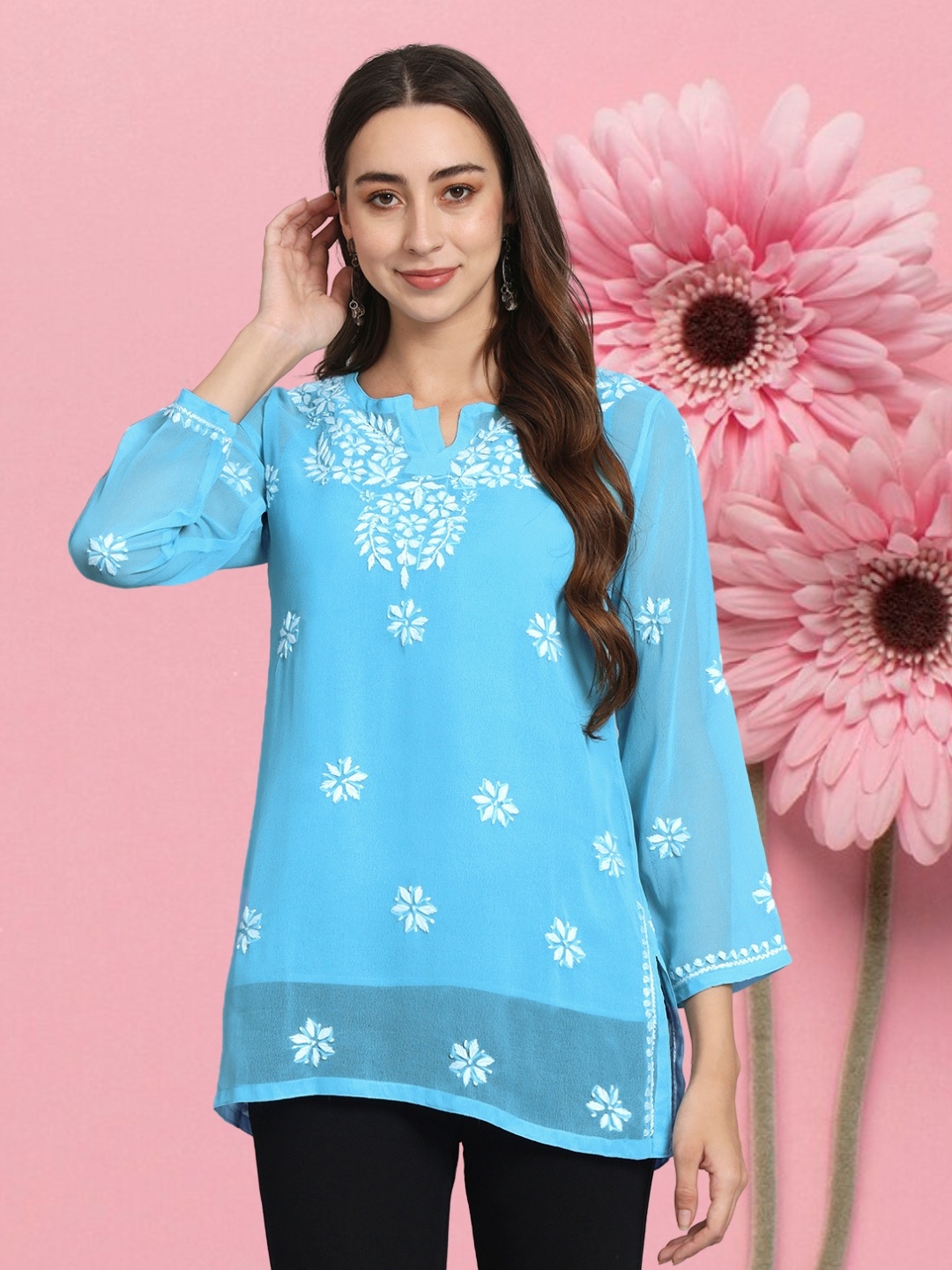 

PARAMOUNT CHIKAN Women Embroidered Lucknowi Chikankari Georgette Kurti, Blue