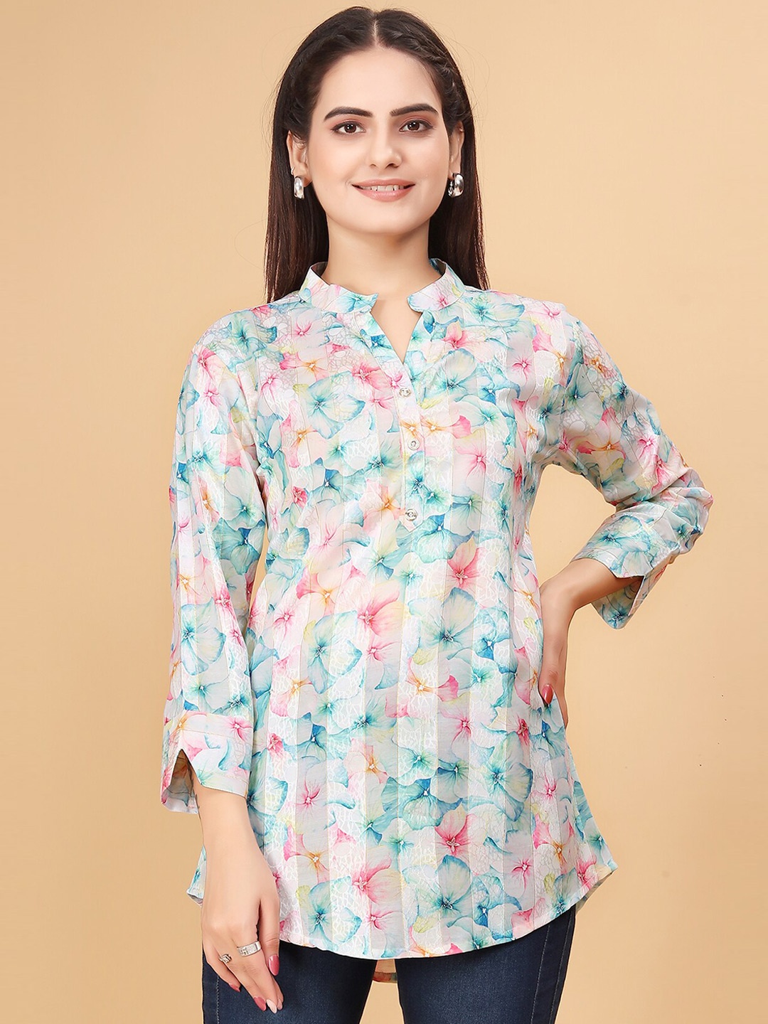 

N N ENTERPRISE Floral Printed Mandarin Collar Cotton Longline Top, Blue