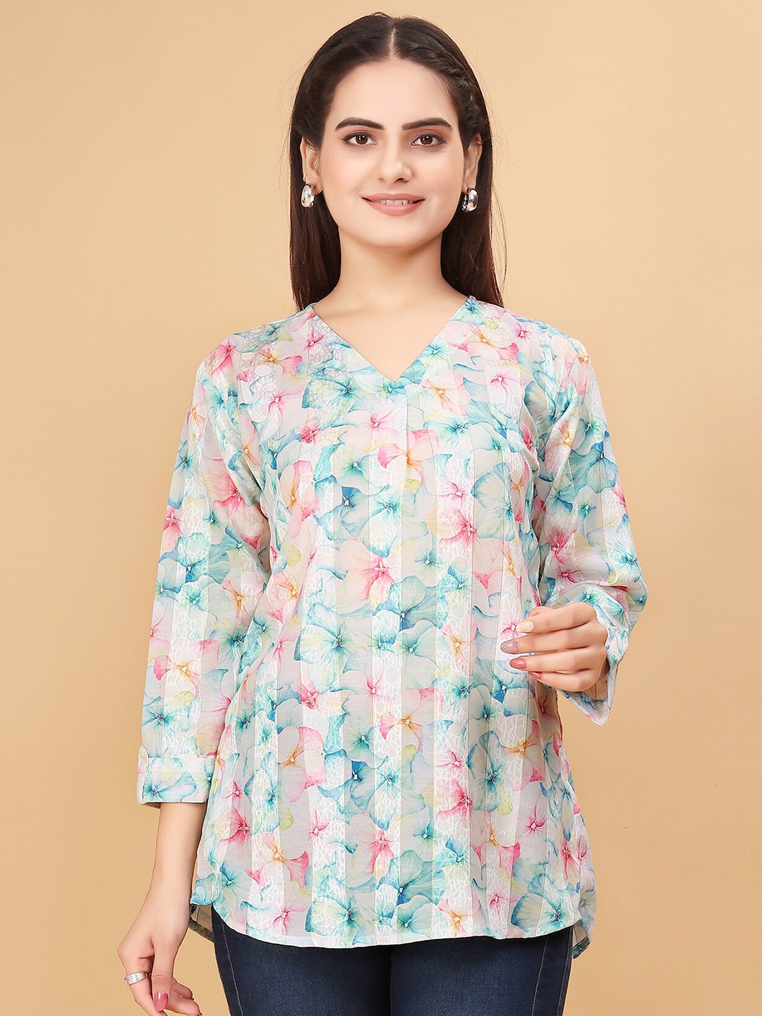 

N N ENTERPRISE Floral Printed V-Neck Pure Cotton Top, Blue