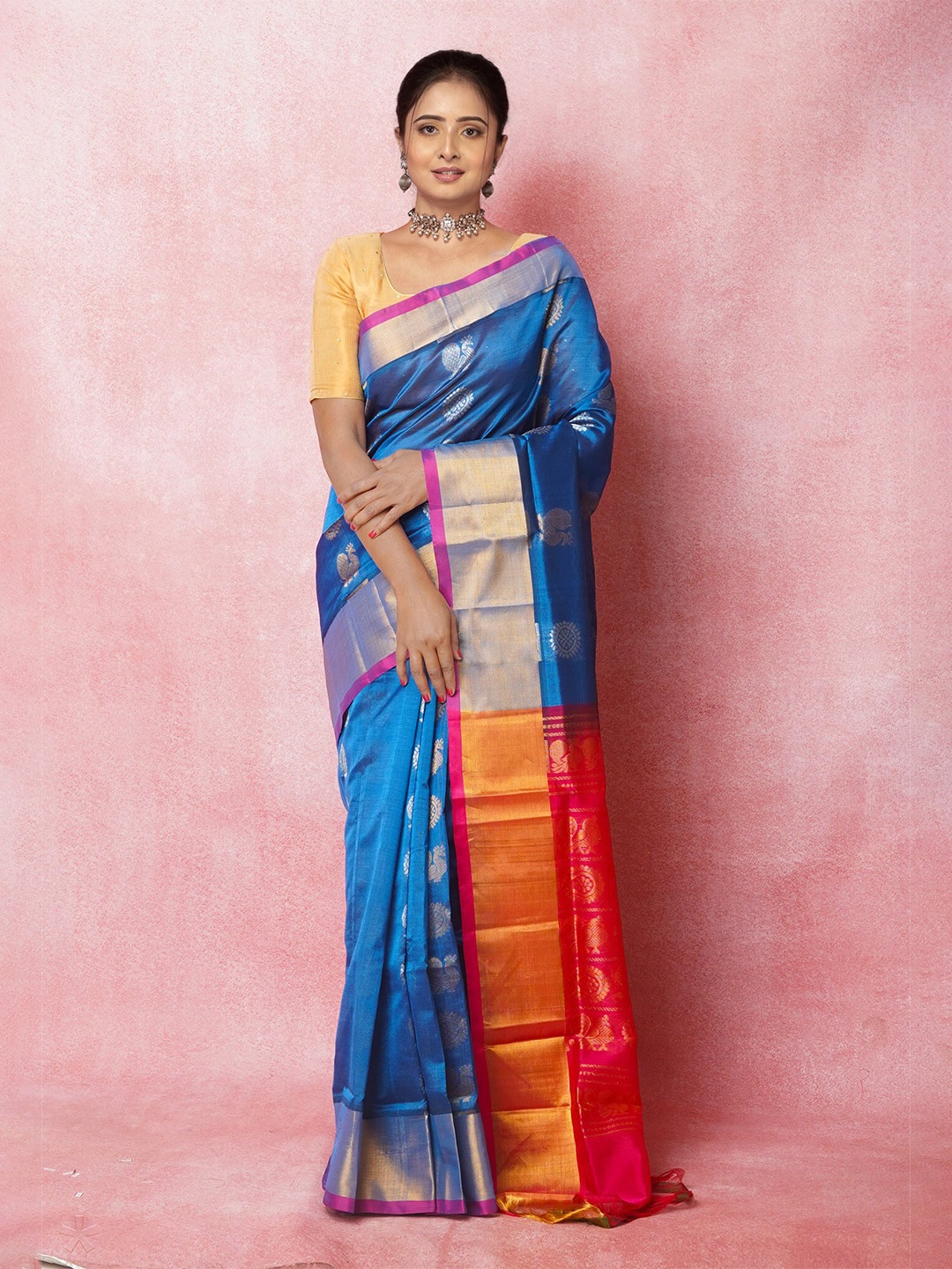 

Unnati Silks Ethnic Motifs Woven Design Zari Pure Silk Kanjeevaram Saree, Blue