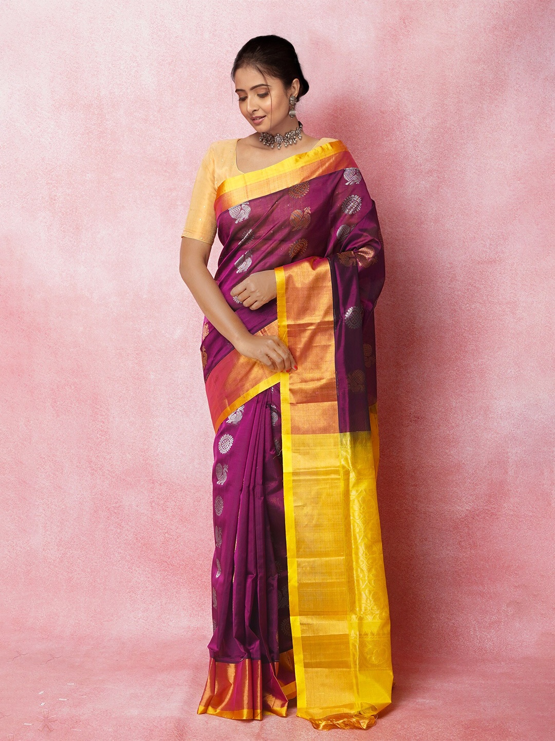 

Unnati Silks Ethnic Motifs Woven Design Zari Pure Silk Handloom Kanjeevaram Saree, Purple