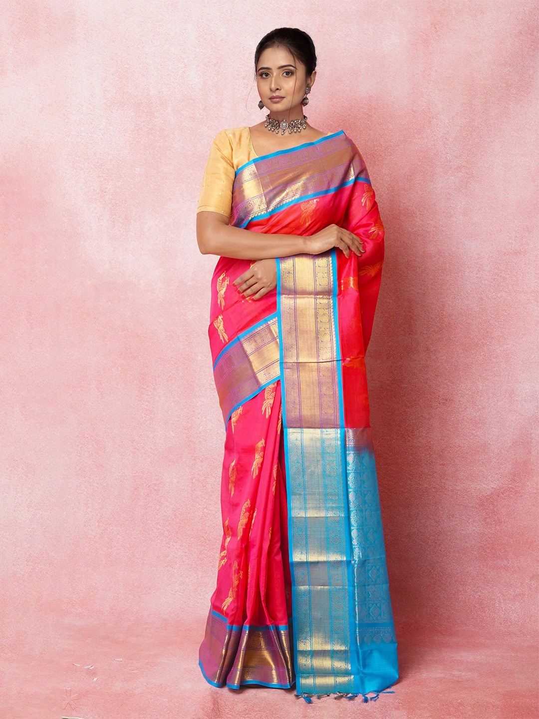 

Unnati Silks Pink Ethnic Motifs Woven Design Zari Pure Silk Handloom Kanjeevaram Saree