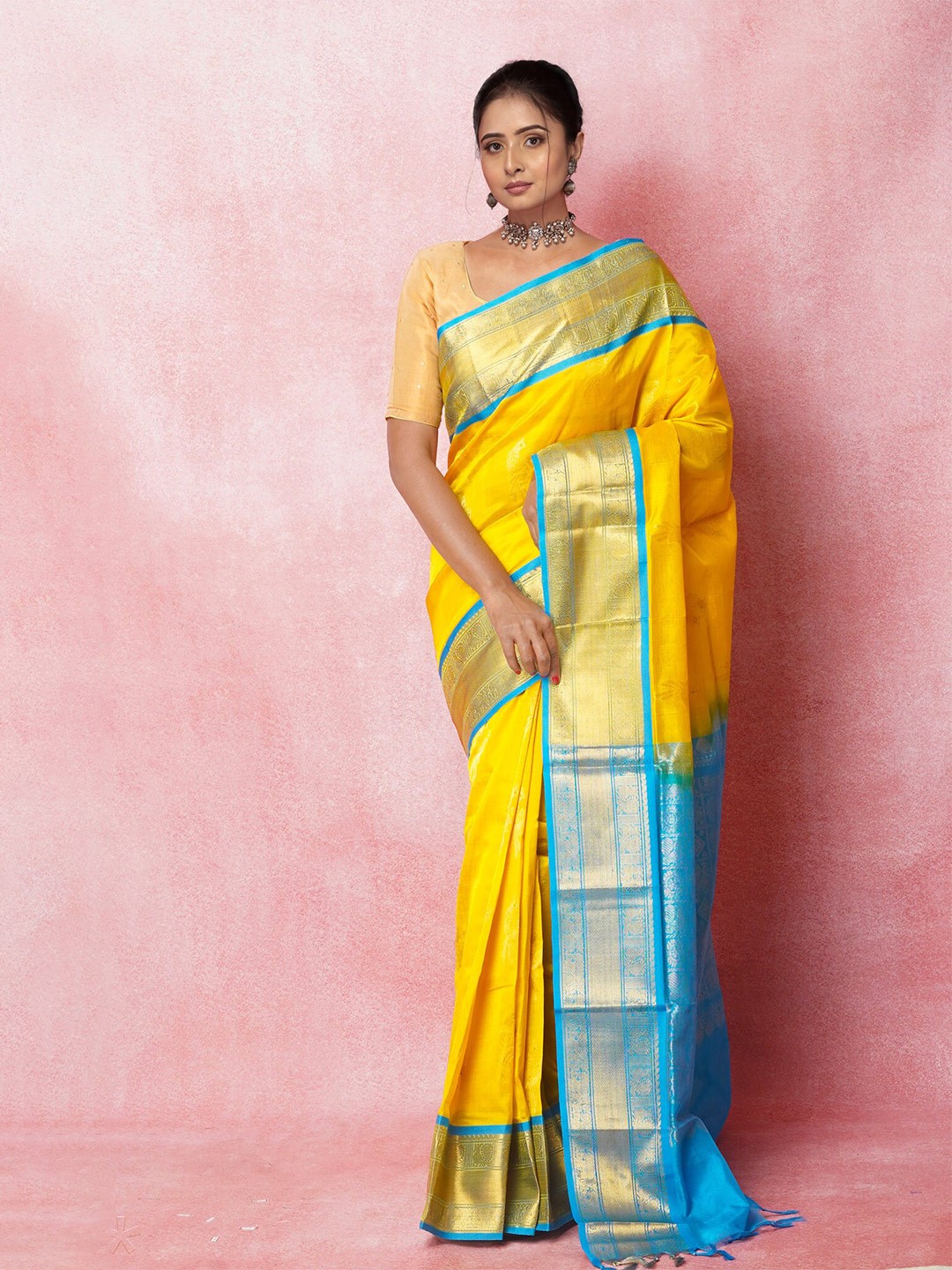 

Unnati Silks Ethnic Motifs Woven Design Zari Pure Silk Handloom Kanjeevaram Saree, Yellow