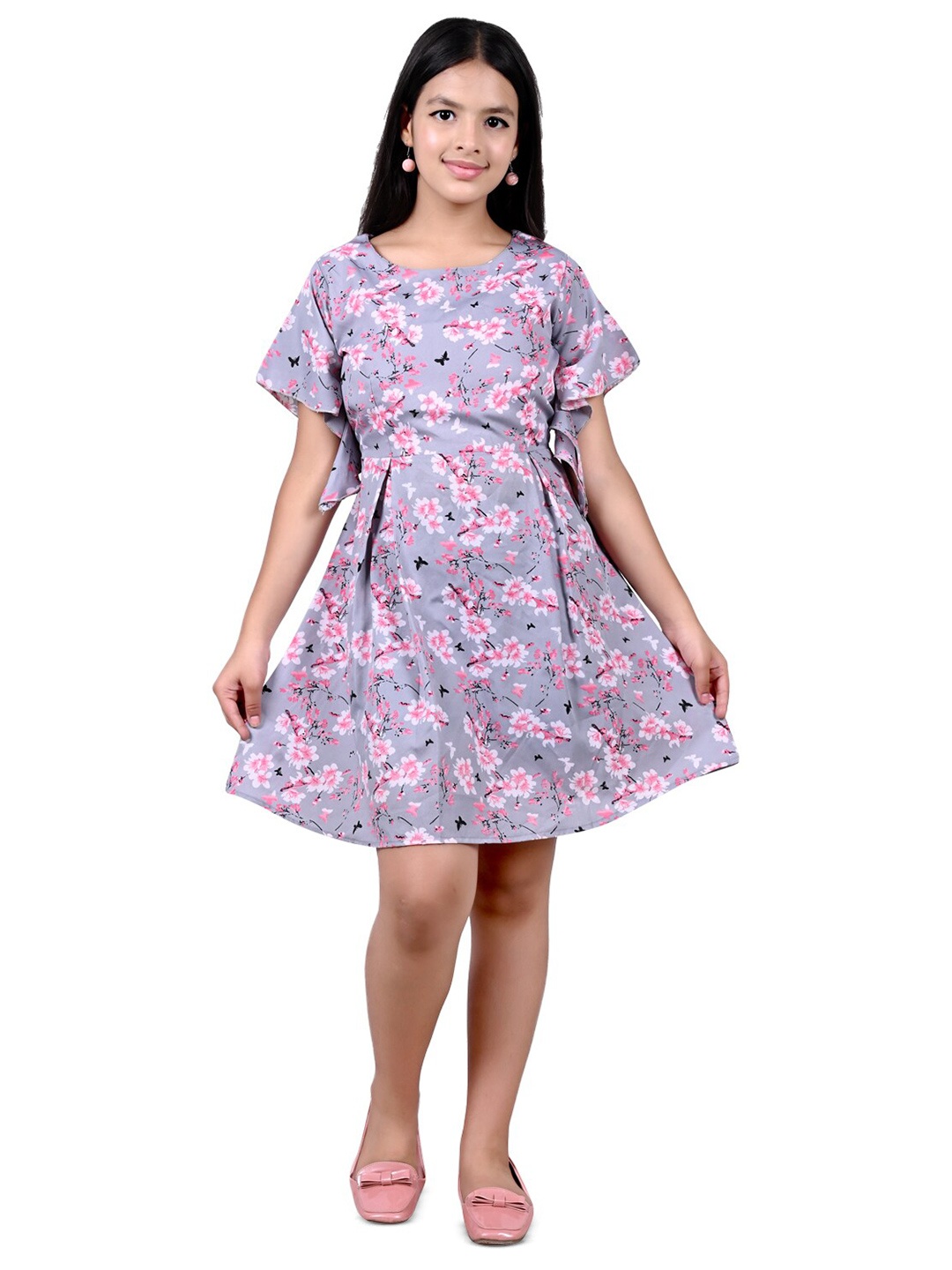 

BAESD Girls Floral Printed Pleated Detailed Fit & Flare Cotton Dress, Grey