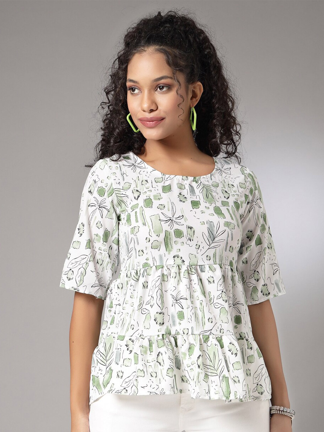 

Oomph! Floral Printed Gathered Peplum Top, Green
