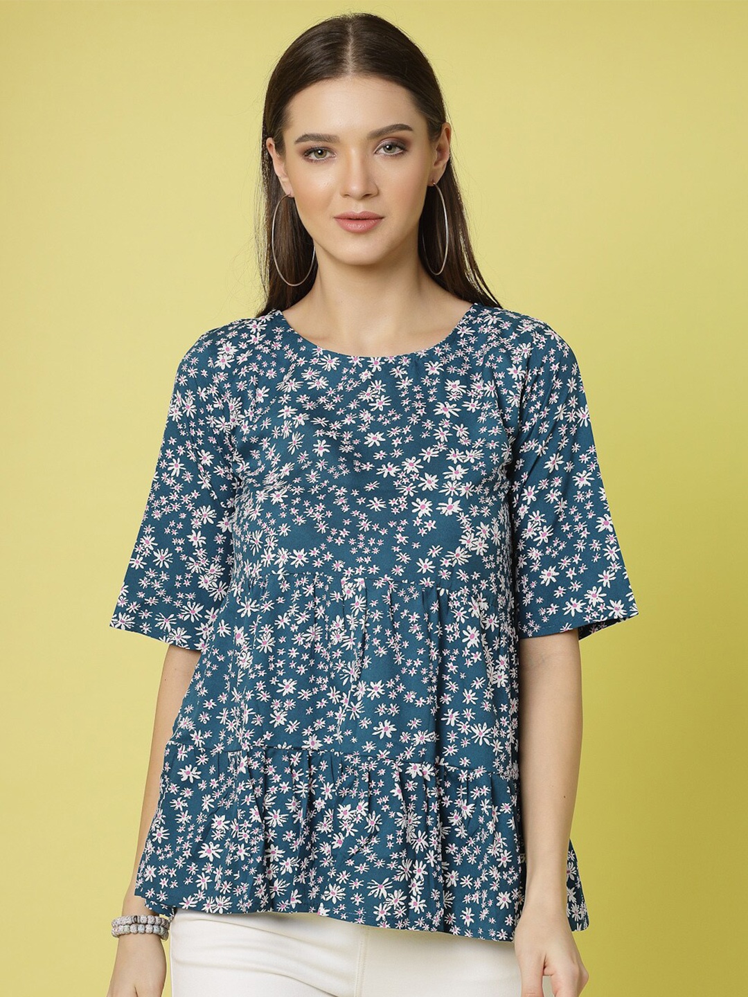 

Oomph! Floral Printed Round Neck Short Sleeves A-Line Top, Blue