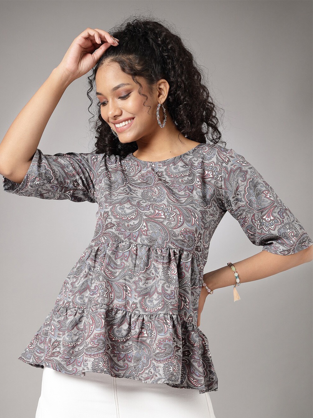 

Oomph! Floral Printed Gathered Tiered Peplum Top, Blue