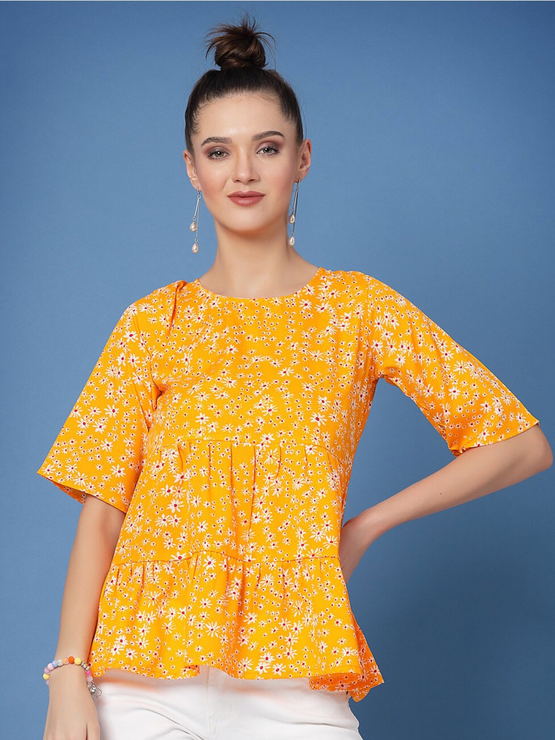 

Oomph! Floral Printed Gathered Or Pleated Peplum Top, Yellow