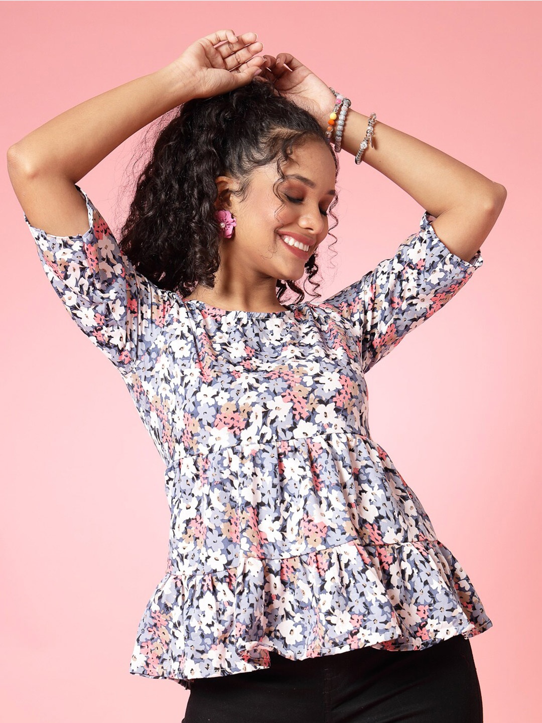 

Oomph! Floral Printed Tiered Empire Top, Blue