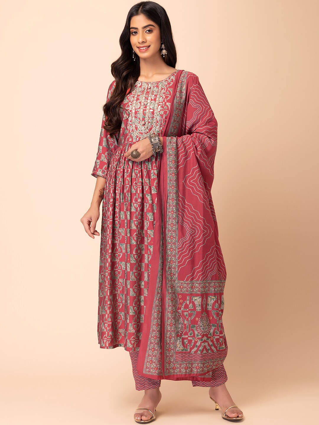 

Rang by Indya Abstract Printed Kurta & Trousers With Dupatta, Orange