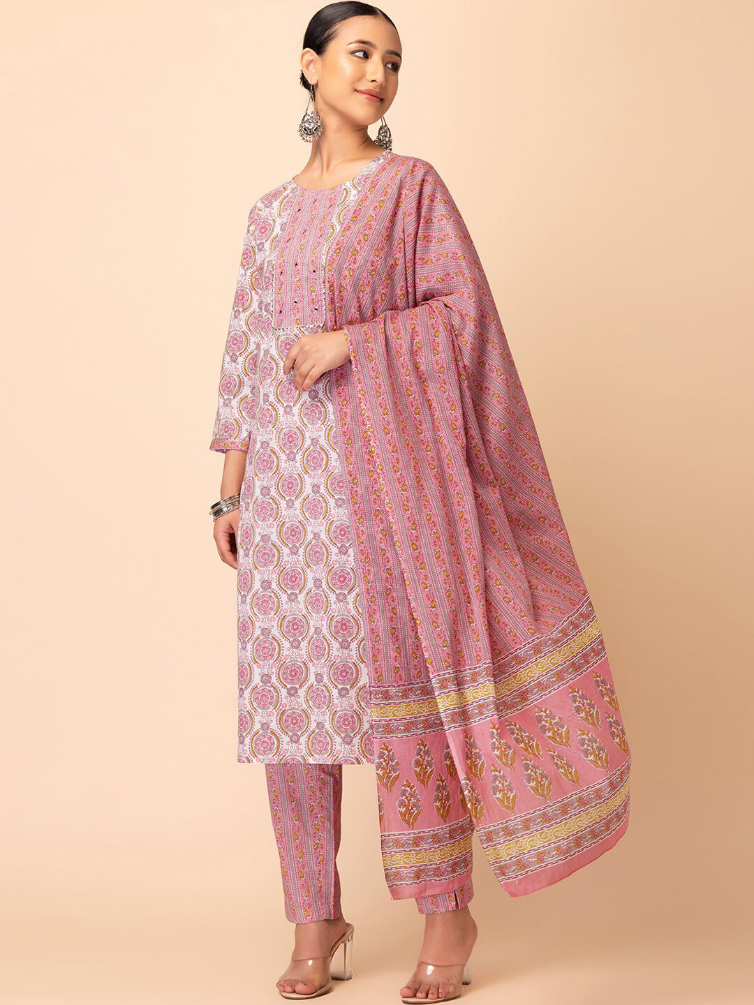 

Rang by Indya Floral Printed Pure Cotton Kurta & Trousers With Dupatta, White