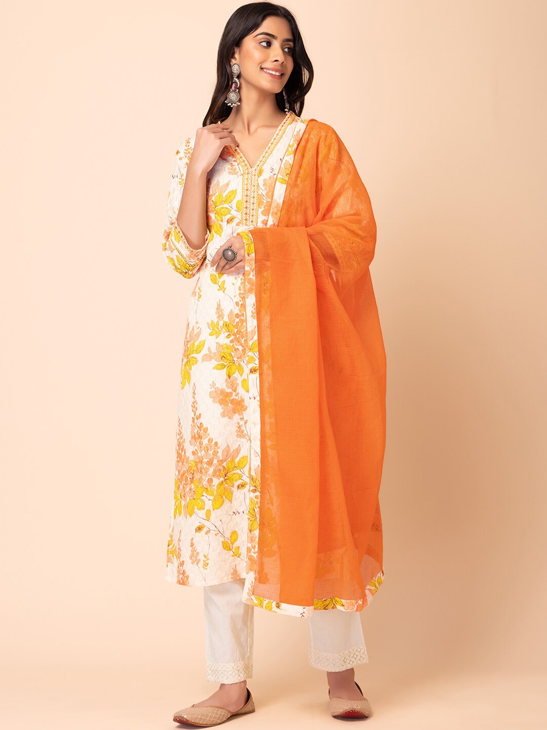 

Rang by Indya Floral Printed V-Neck Pure Cotton Kurta with Trousers & Dupatta, White