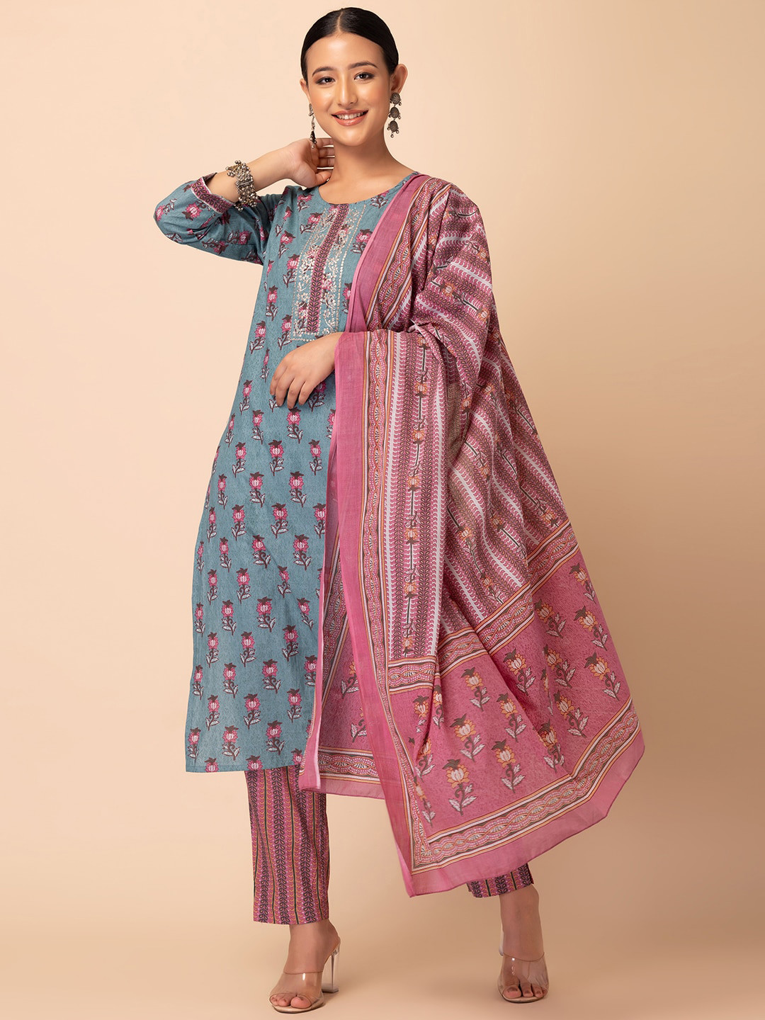 

Rang by Indya Floral Printed Pure Cotton Kurta & Trousers With Dupatta, Blue