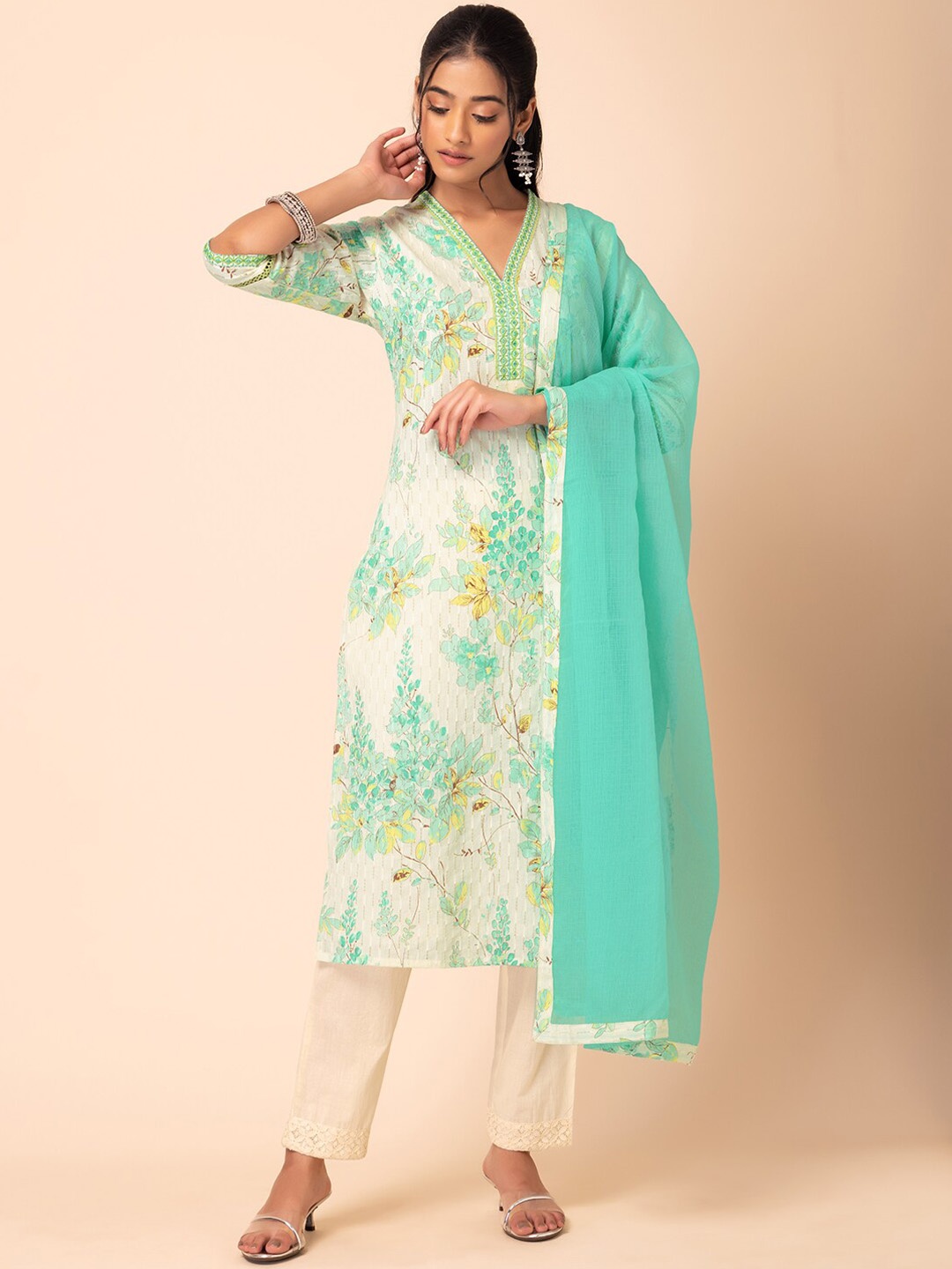 

Rang by Indya Floral Printed Pure Cotton Straight Kurta With Trousers & Dupatta, White