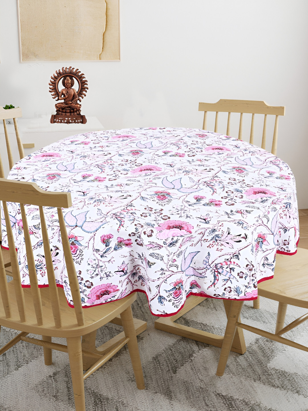 

Texstylers White & Pink 4-Seater Floral Anti-Slip Cotton Round Table Cover