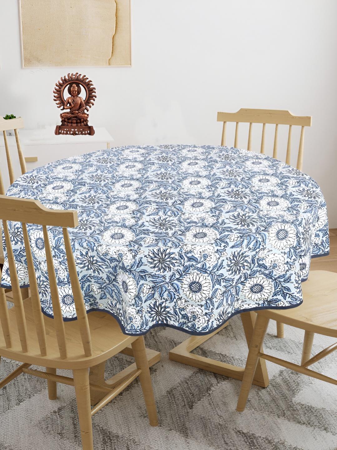

Texstylers White & Blue Floral Anti Slip Cotton Round 4 Seater Table Cover