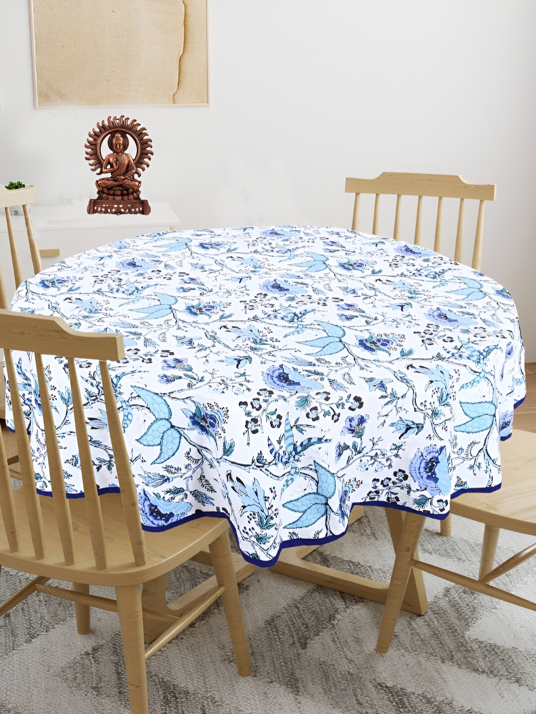 

Texstylers Blue & White 4-Seater Floral Anti-Slip Cotton Round Table Cover