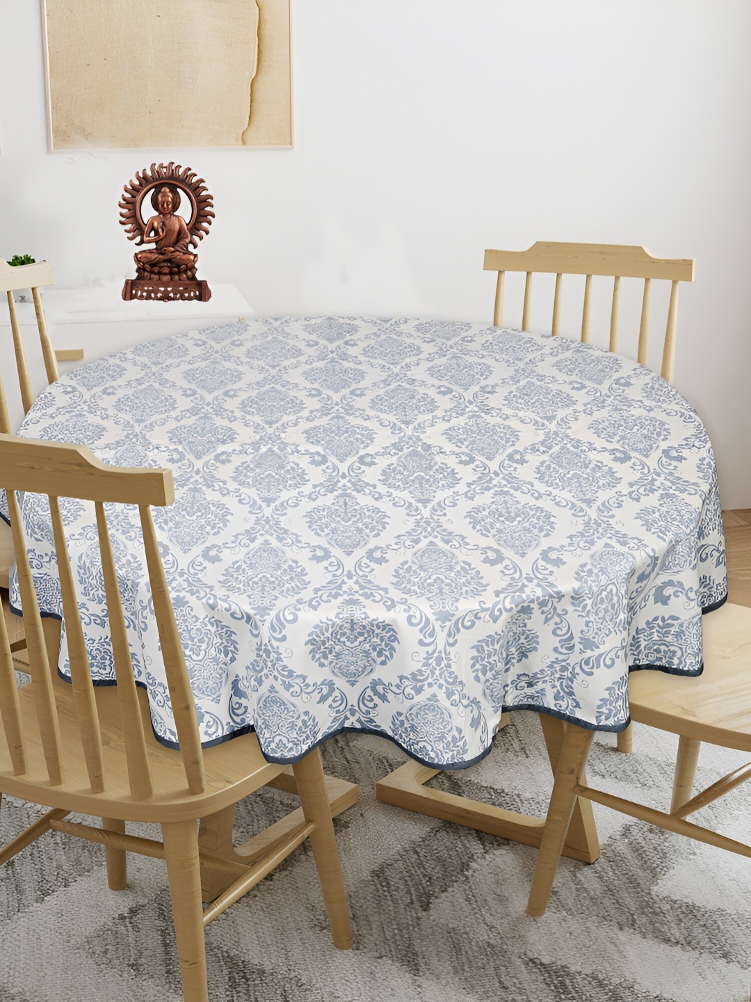 

Texstylers White & Blue Anti Slip Cotton Round 4 Seater Table Cover