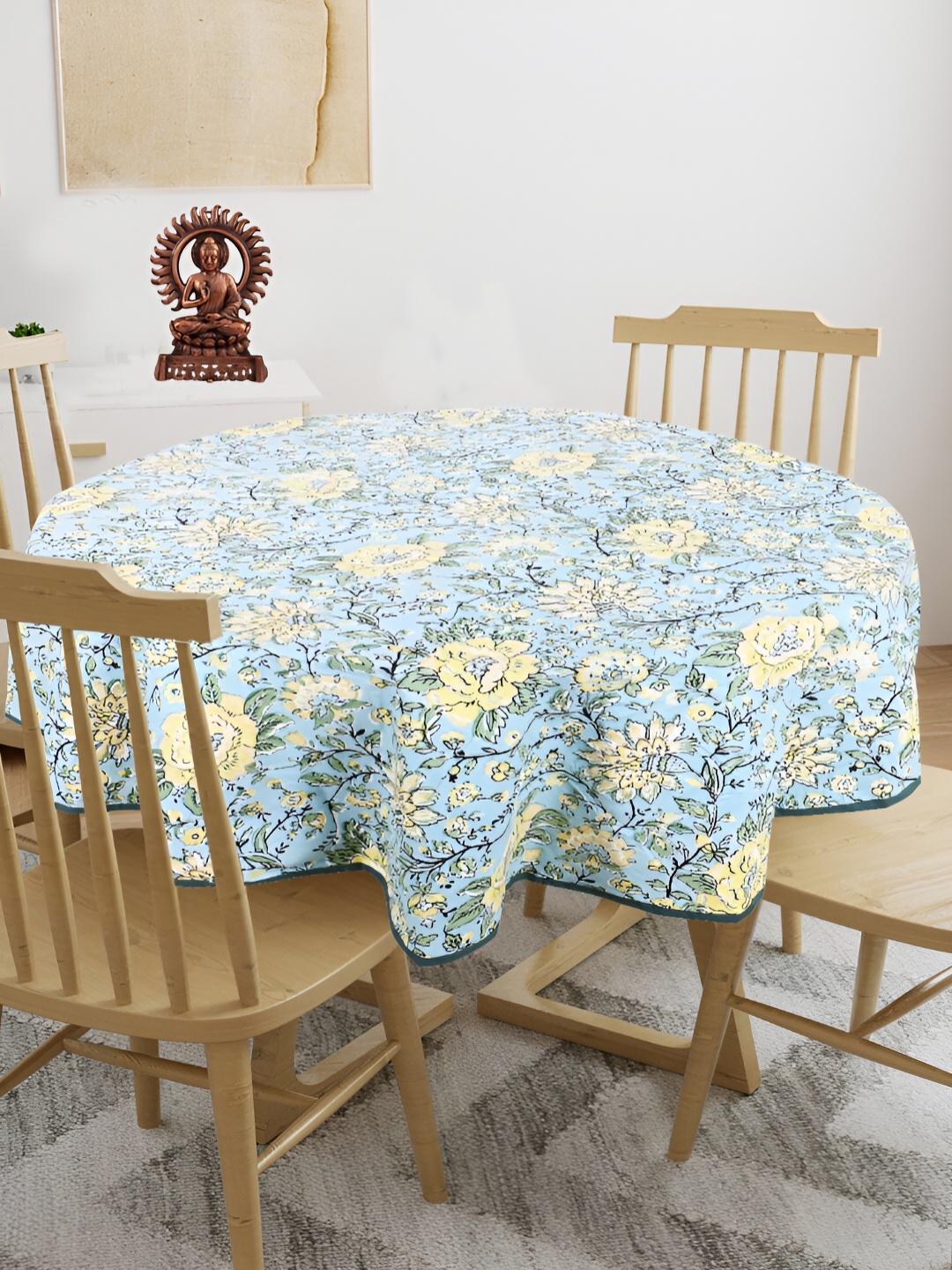 

Texstylers Yellow & Blue Floral Anti Slip Cotton Round 4 Seater Table Cover