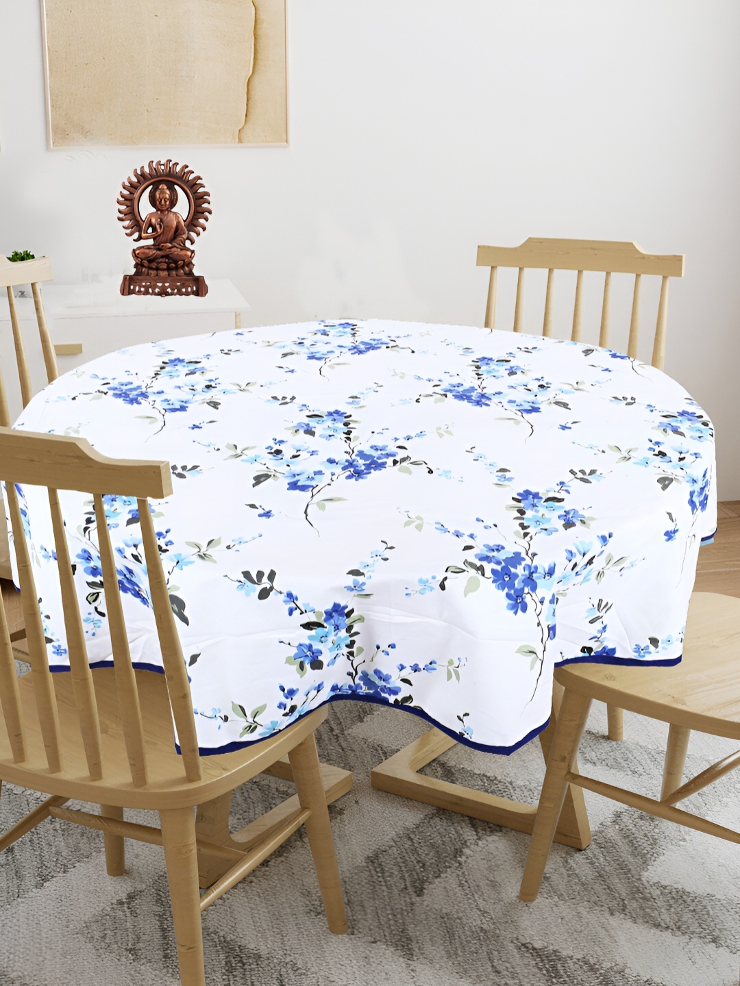 

Texstylers White & Blue Floral Printed Anti Slip Cotton Round 4 Seater Table Cover