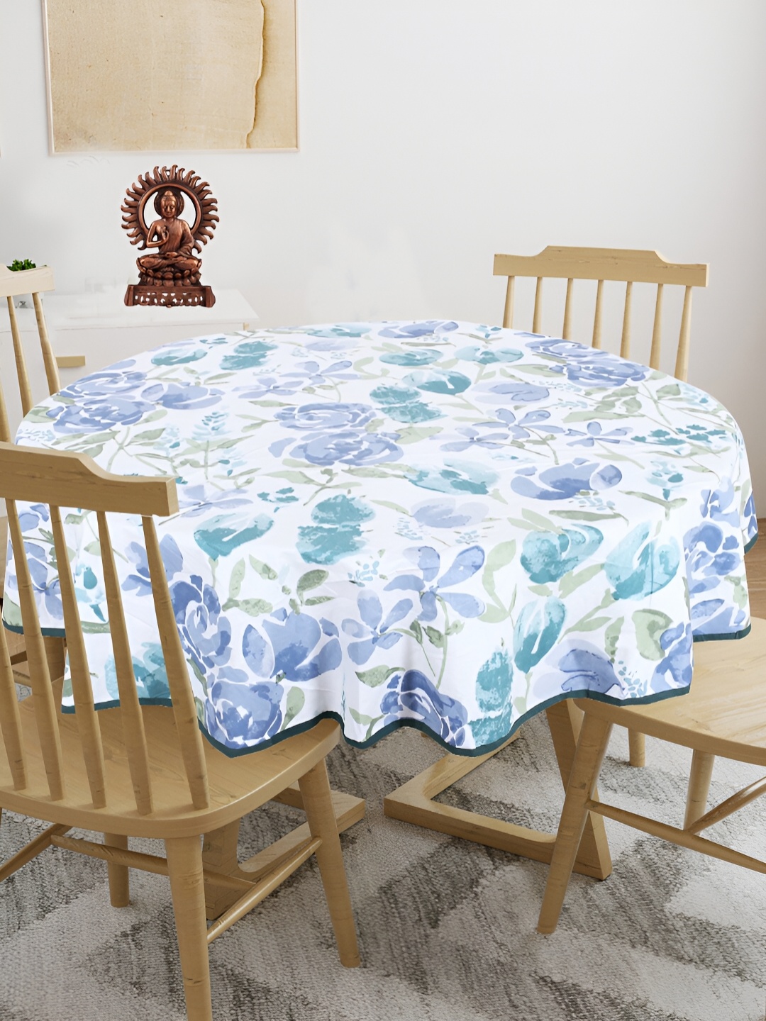 

Texstylers Teal blue & Green Floral Printed Anti Slip Cotton Round 4 Seater Table Cover