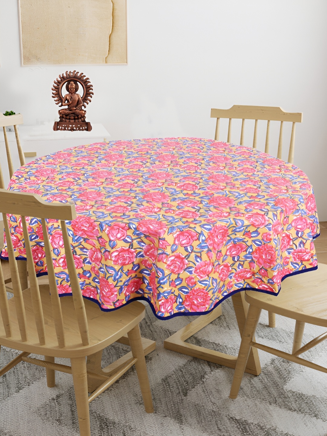 

Texstylers Mustard & Blue Floral Printed Anti Slip Cotton Round 4 Seater Table Cover