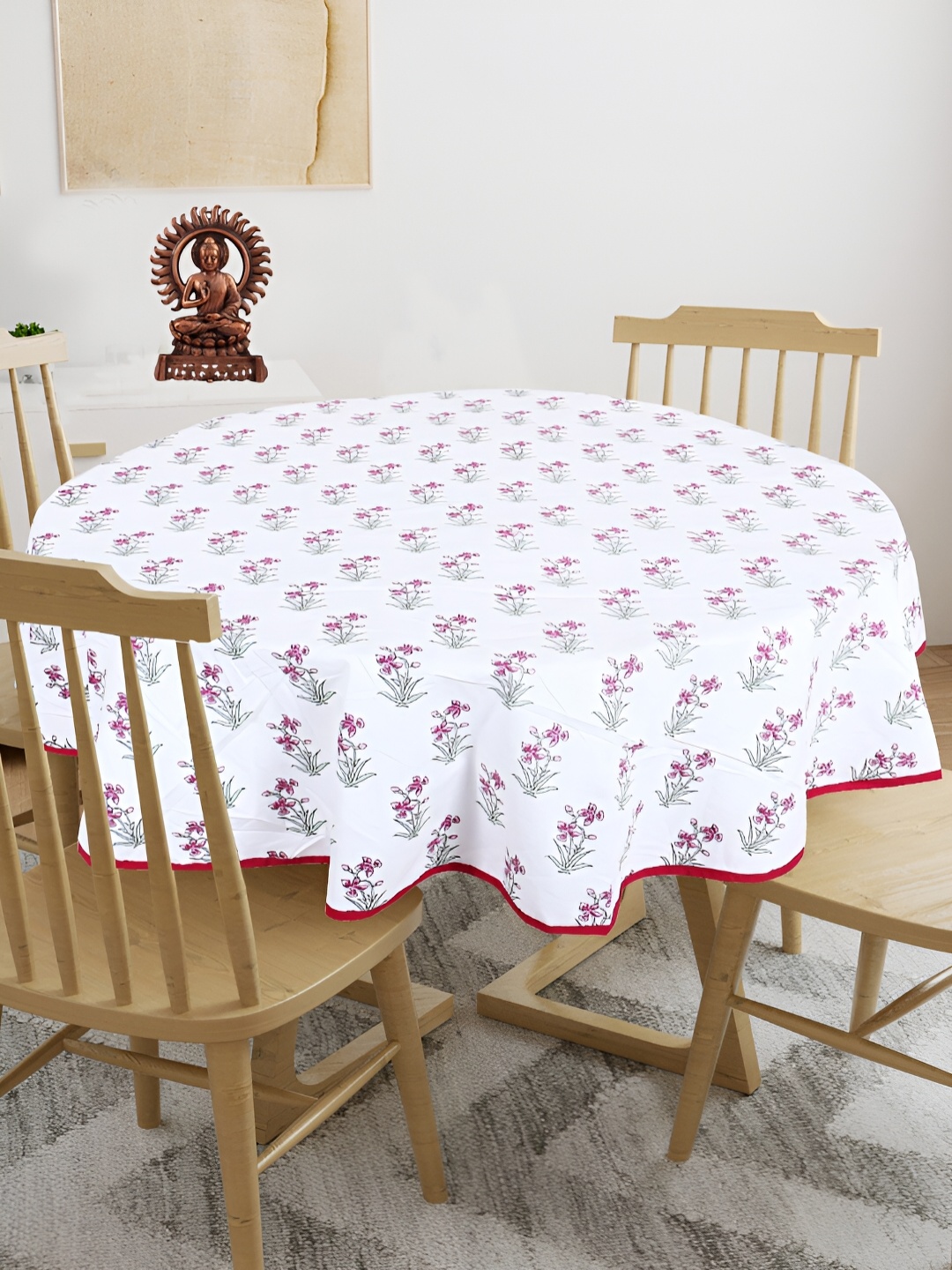 

Texstylers White & Pink 4-Seater Floral Anti-Slip Cotton Round Table Cover