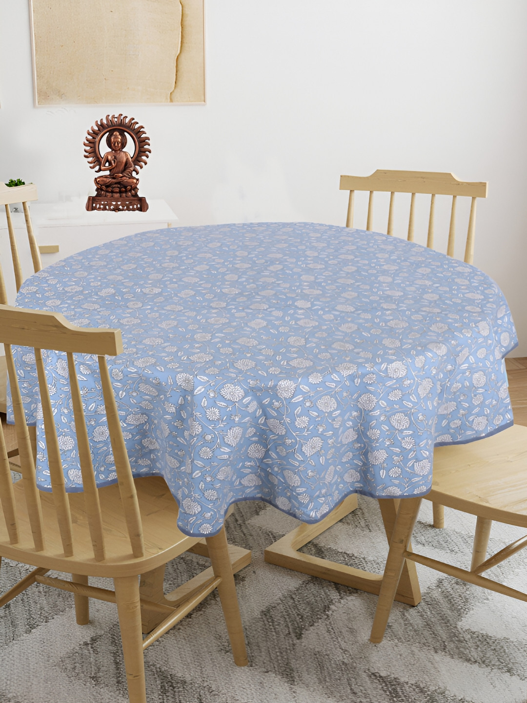 

Texstylers Blue & White Floral Printed Anti Slip Cotton Round 4 Seater Table Cover