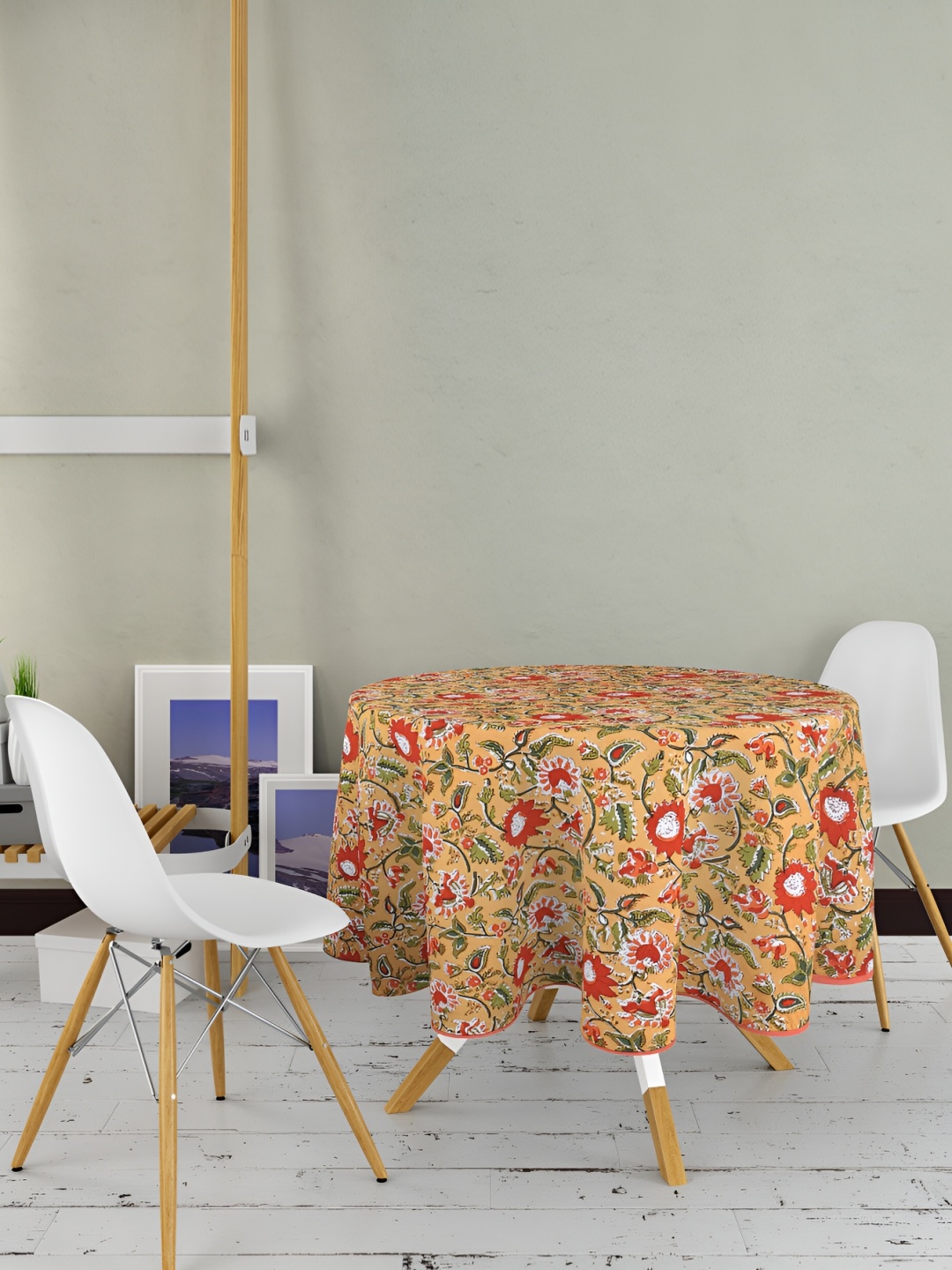 

Texstylers Orange & Green Floral Printed Anti Slip Cotton Round 4 Seater Table Cover