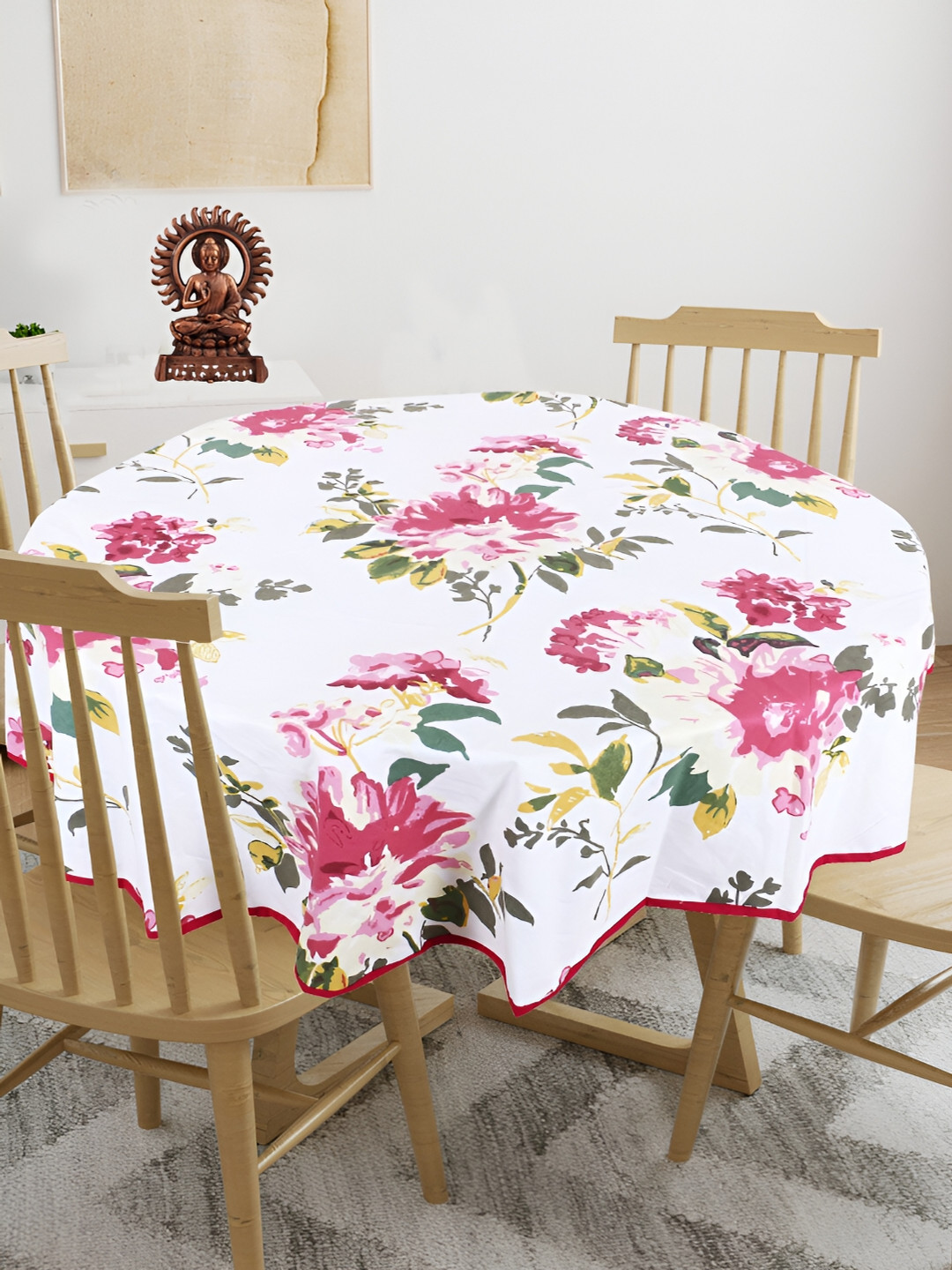 

Texstylers Pink & White Floral Printed Anti Slip Cotton Round 4 Seater Table Cover