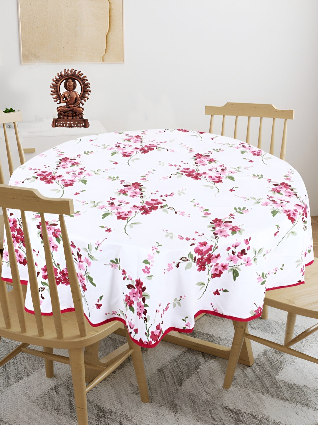 

Texstylers White & Red 4-Seater Floral Anti-Slip Cotton Round Table Cover