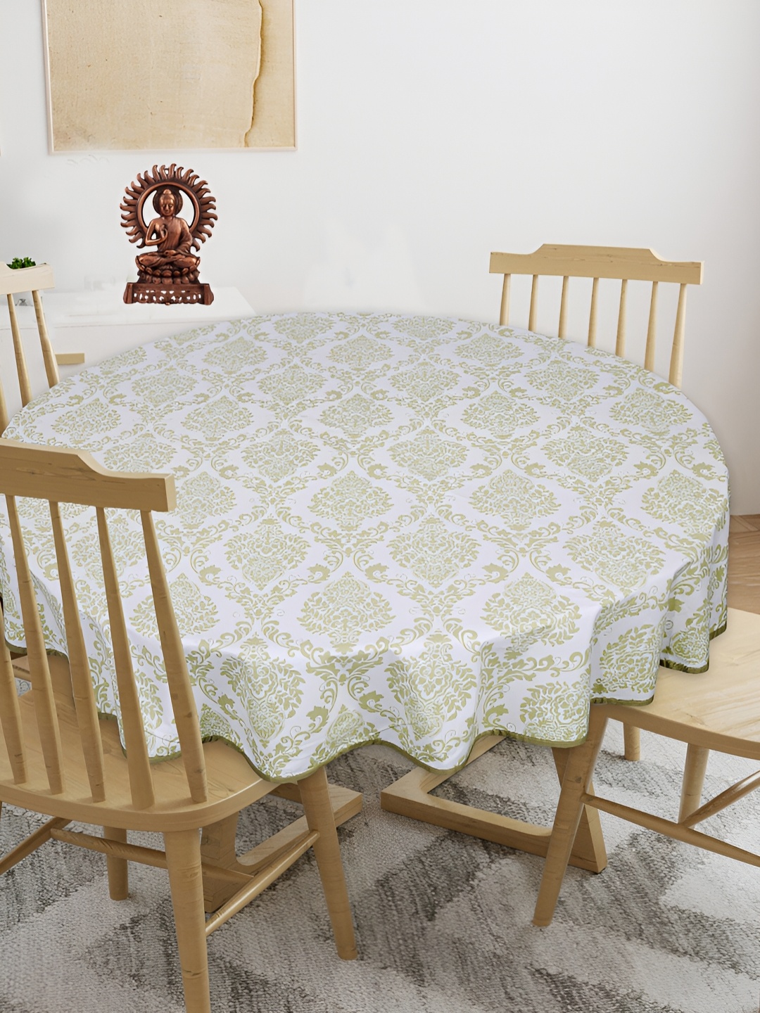 

Texstylers White & Green 4-Seater Anti-Slip Cotton Round Table Cover