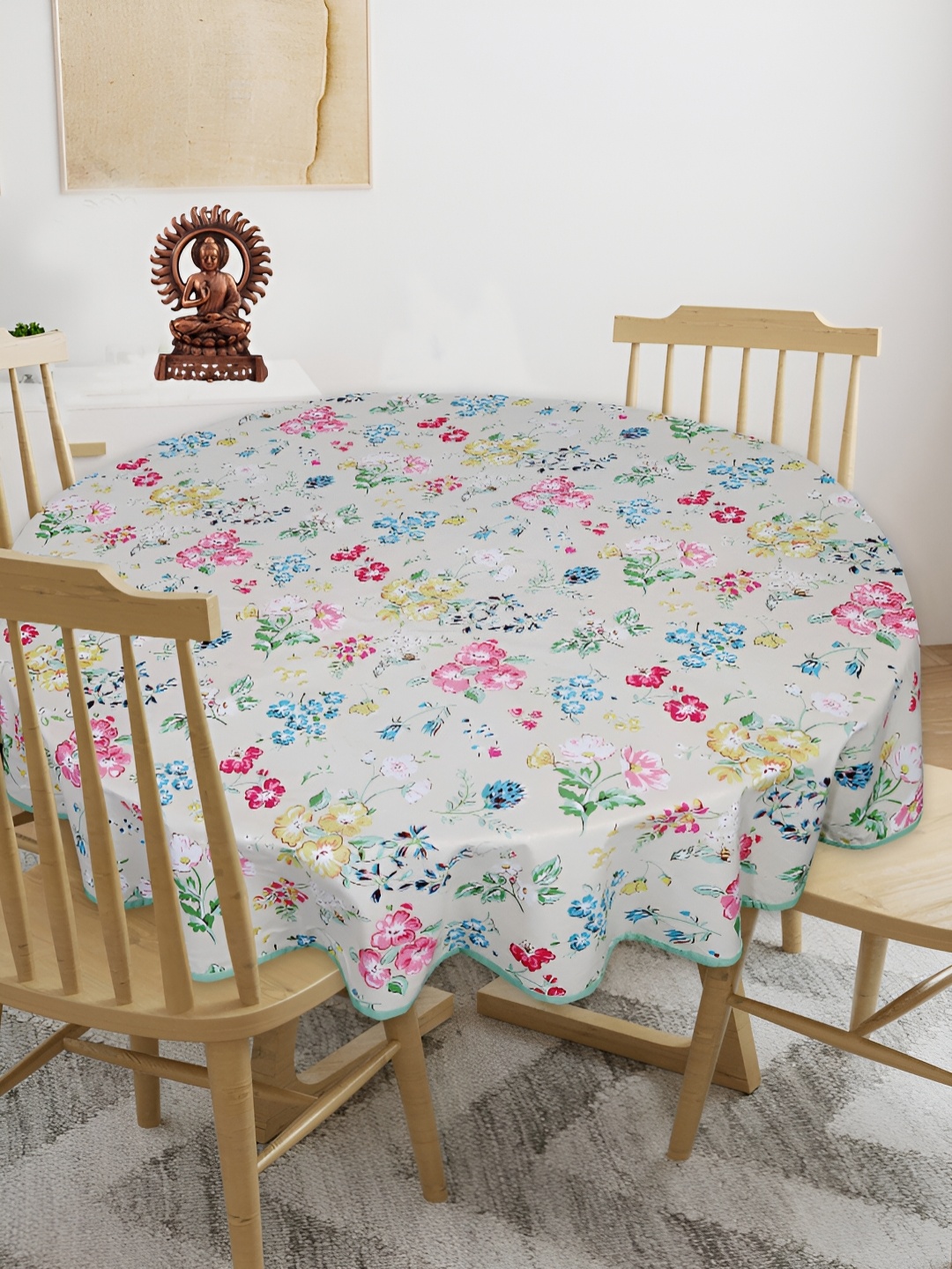 

Texstylers Beige & Green Floral Anti Slip Cotton Round 4 Seater Table Cover