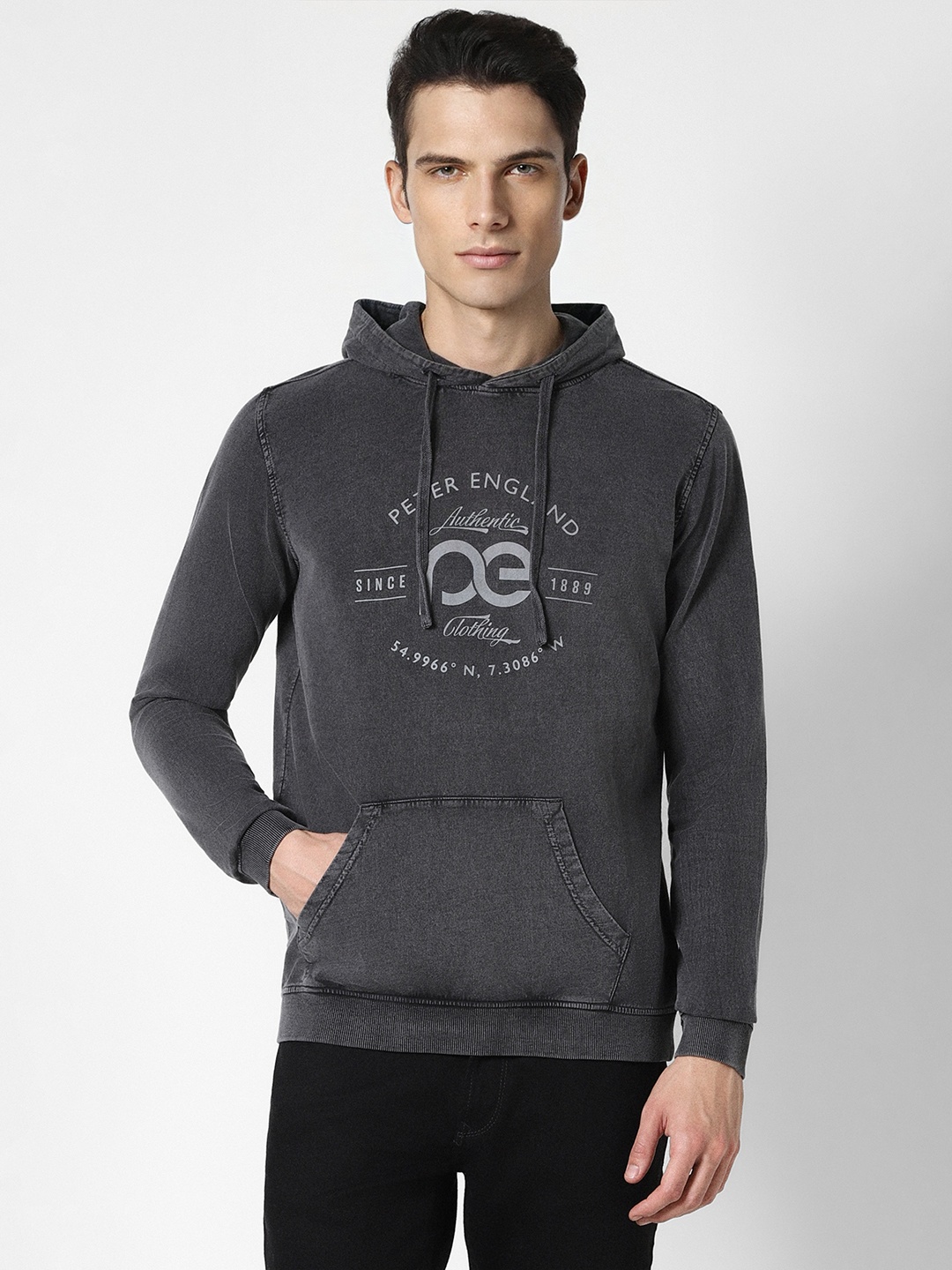 

Peter England Casuals Men Grey Printed Hooded Sweatshirt