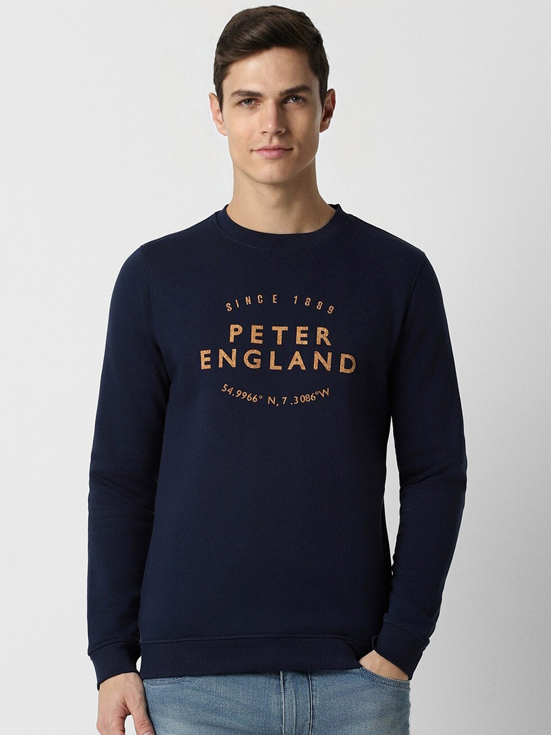 

Peter England Casuals Typography Printed Cotton Pullover Sweatshirt, Navy blue