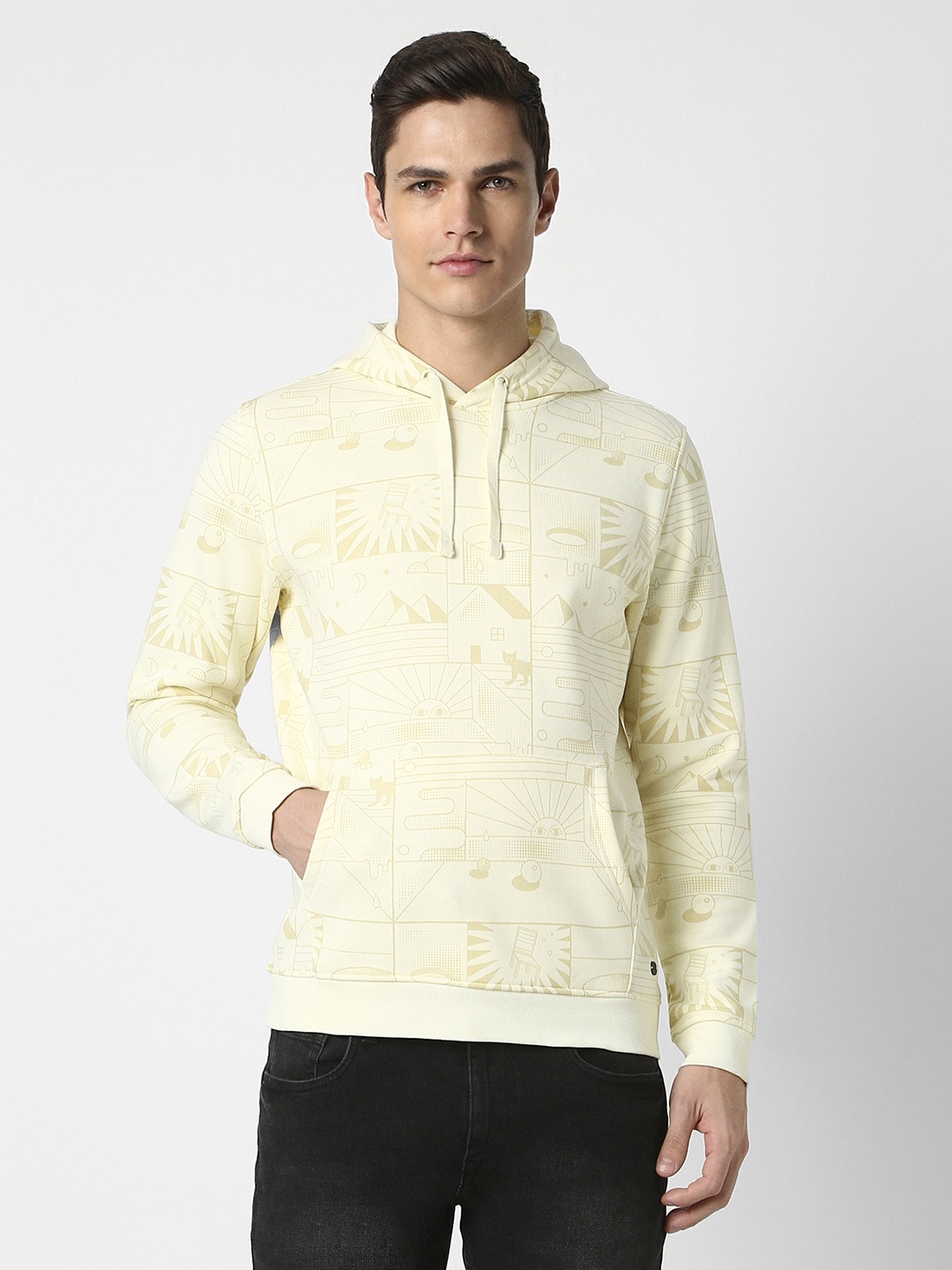 

Peter England Casuals Men Cream-Coloured Printed Hooded Sweatshirt