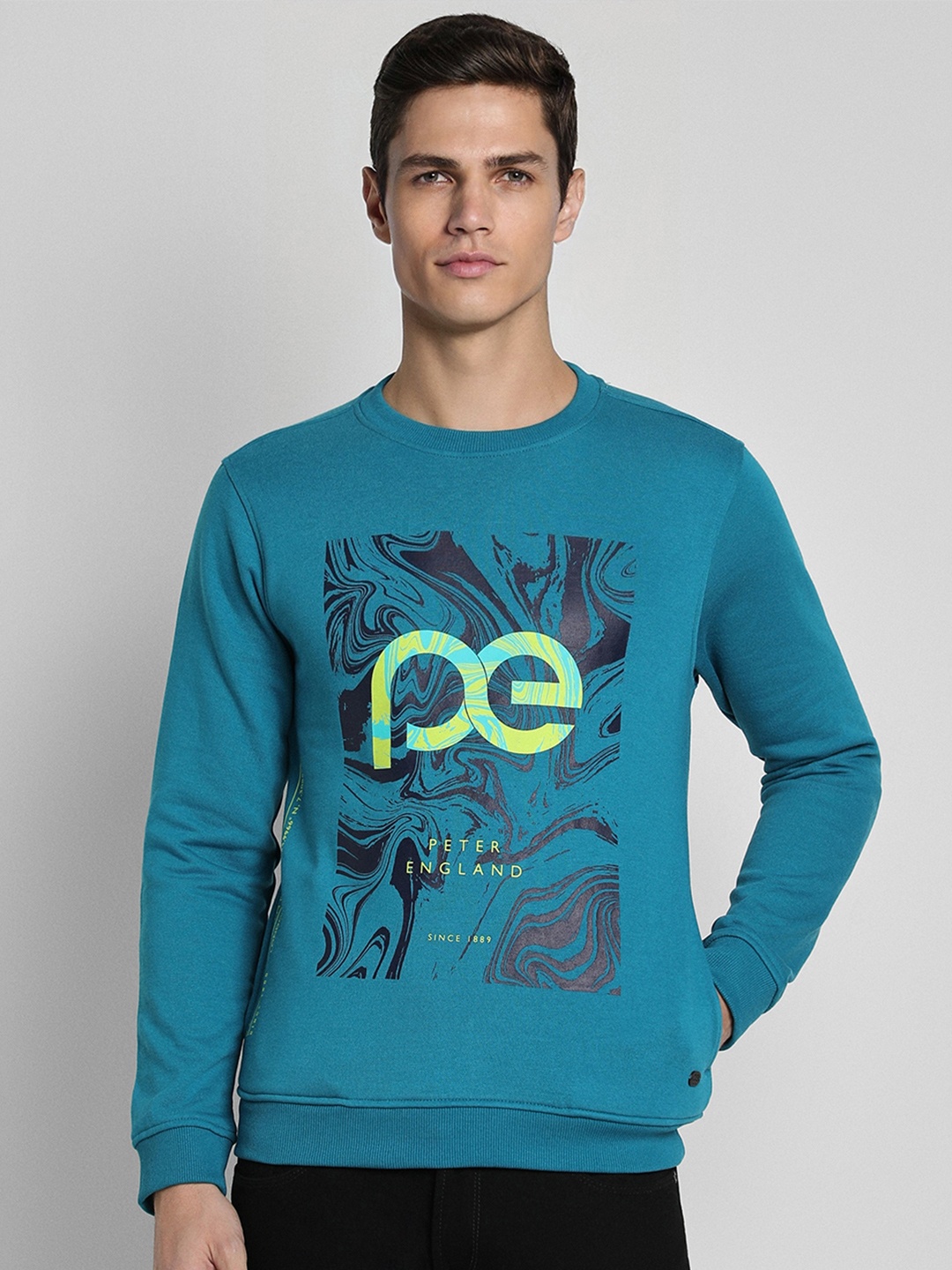 

Peter England Casuals Men Blue Printed Sweatshirt