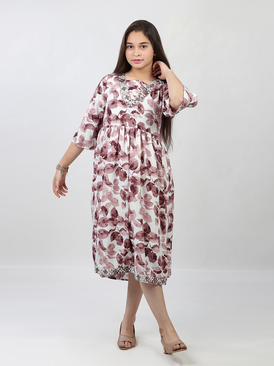 

BAESD Floral Printed Mirror Work Georgette A-Line Midi Dress, Mauve